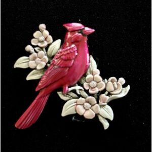 Vintage JJ Cardinal Bird Brooch Enamel Pewter Floral Pin Red Songbird Jewelry